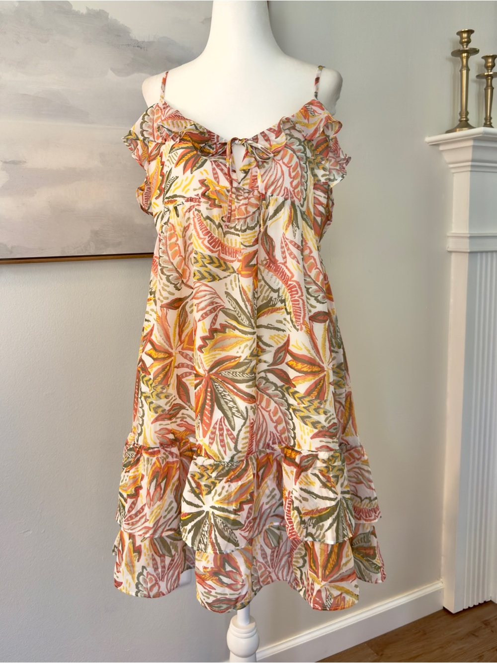Sincerely Jules XL Tropical Leaf Print Cold Shoulder Ruffle Mini Dress